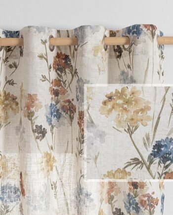 Yellow Floral Linen Semi-Sheer Curtains, 52x84, 2-Pack, Farmhouse Texture