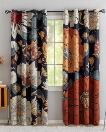 Black Boho Floral 100% Blackout Curtains, 84-Inch, 2 Panels, Grommet, Thermal Insulated, 52x84