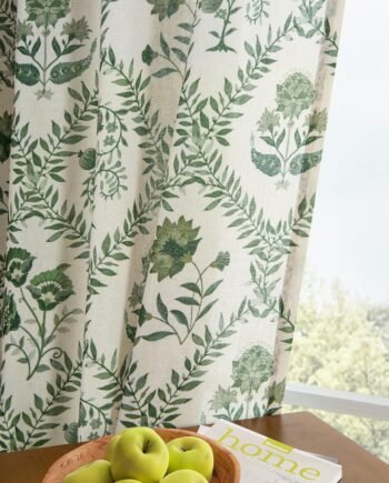 Green Olive Floral Linen Semi-Sheer Curtains, 96-Inch, 2 Panels, Back Tab, Farmhouse French Country