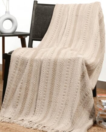Warm Sand Brown Cotton Stripe Farmhouse Throw with Fringe, Soft Cozy, 50x60