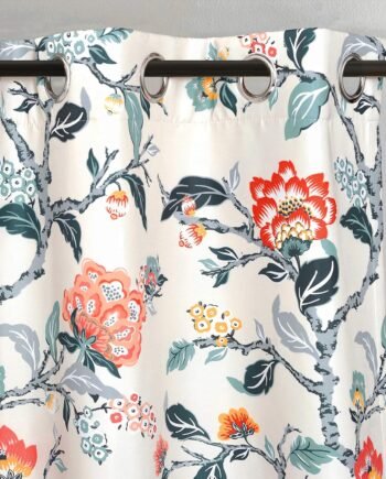 Ivory Orange Teal Floral Botanical Lined Thermal Blackout Curtains, 2 Panels, 52x84