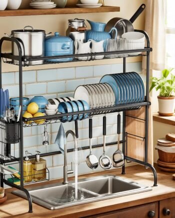 Extendable Double-Tier Large Stainless Steel Sink Drain Rack Black