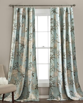 Blue Botanical Floral Bird Light Filtering Curtain Panel Set, 52x84, Pair