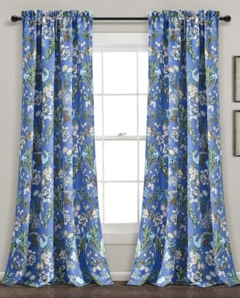 Blue & Green Toile Floral Bird Light Filtering Curtain Panels, 52x84, Pair, French Country