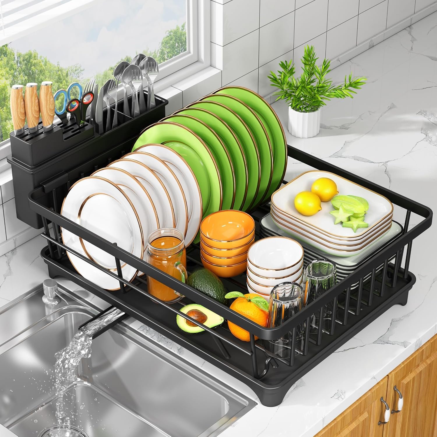 Compact Black Cutlery Drainer with Holder
