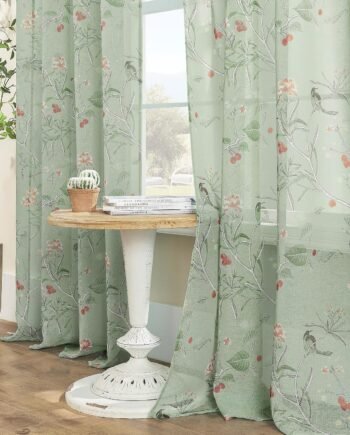 Light Green Sage Leaf Floral Bird Curtains, 84-Inch, 2 Panels, for Living Room Bedroom